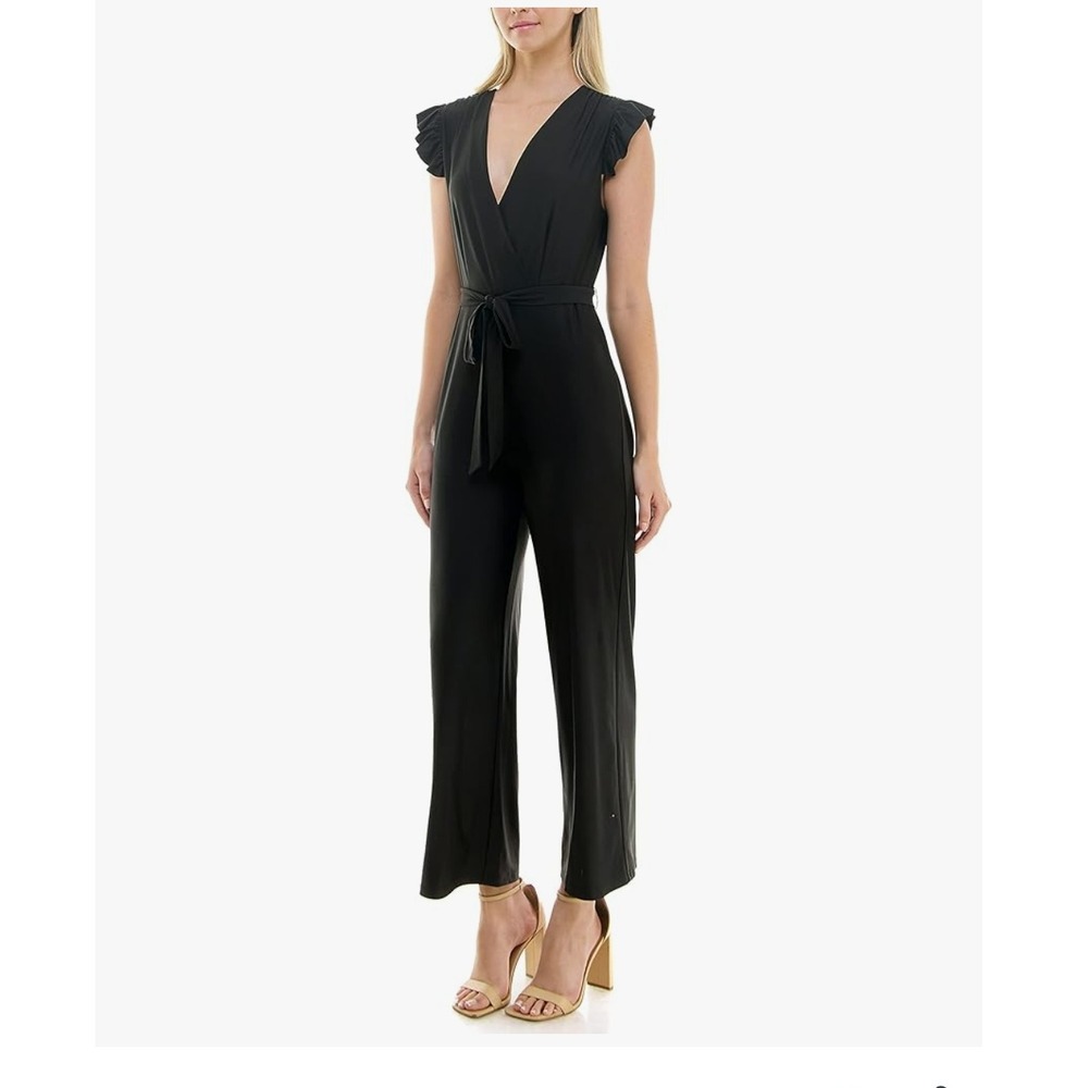 Sharagano‎ Jumpsuit Monaco Flutter Sleeve Vneck Jersey Knit Black New Size 14